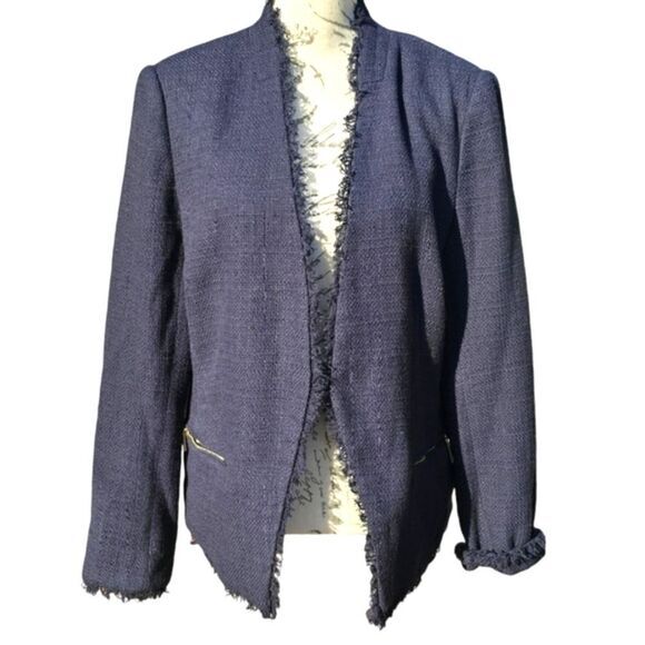 Ivanka Trump Navy Blue Zip Pockets Open Front Fringe Tweed Blazer Jacket Size 14 - Picture 1 of 9